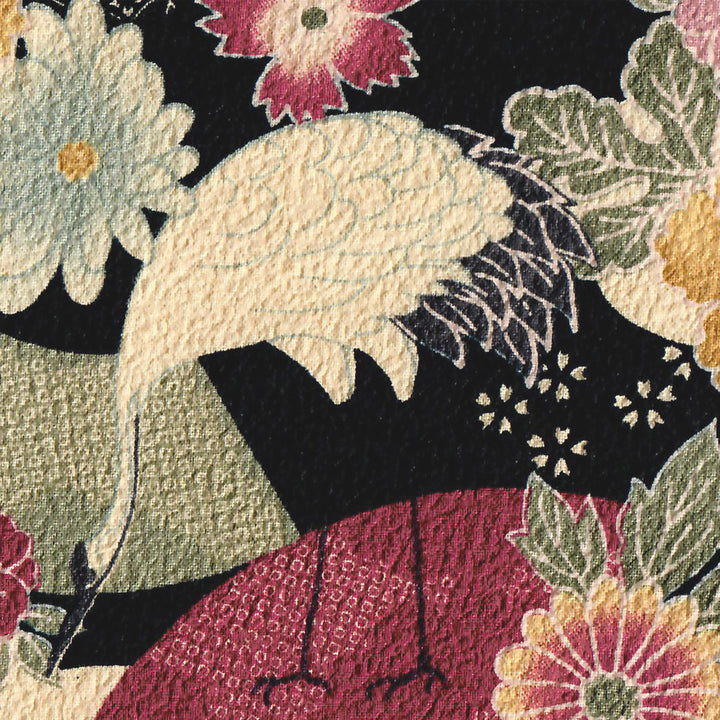 Tissu Japonais - Grues, Fleurs et Ellipses - Noir, Beige, Lie de Vin, Vert de Gris - T475