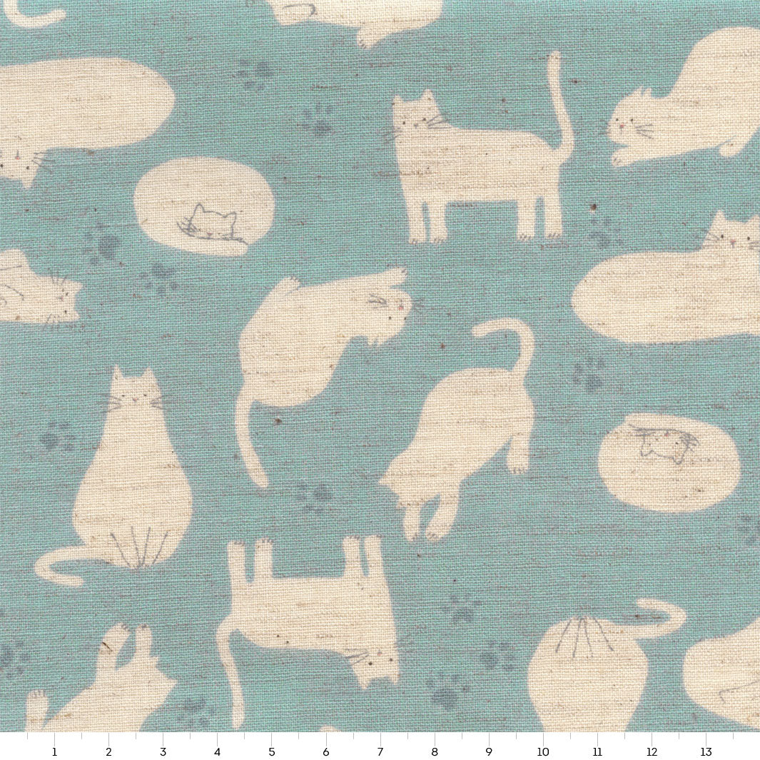 Japanese Fabric - Cats - Blue Gray and Beige - T486