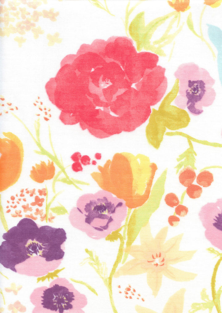 Tissu Japonais - Fleurs Aquarelle - Jaune, Orange, Rose, Violet, Bleu et Vert - T488