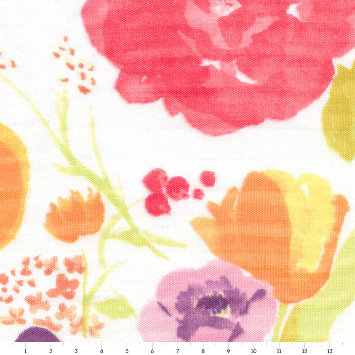 Tissu Japonais - Fleurs Aquarelle - Jaune, Orange, Rose, Violet, Bleu et Vert - T488