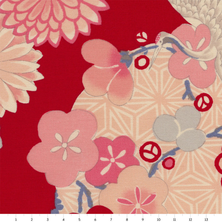 Japanese Fabric - Flowers, Circles and Cranes - Beige, Pink, Blue, Gray and Red - T490