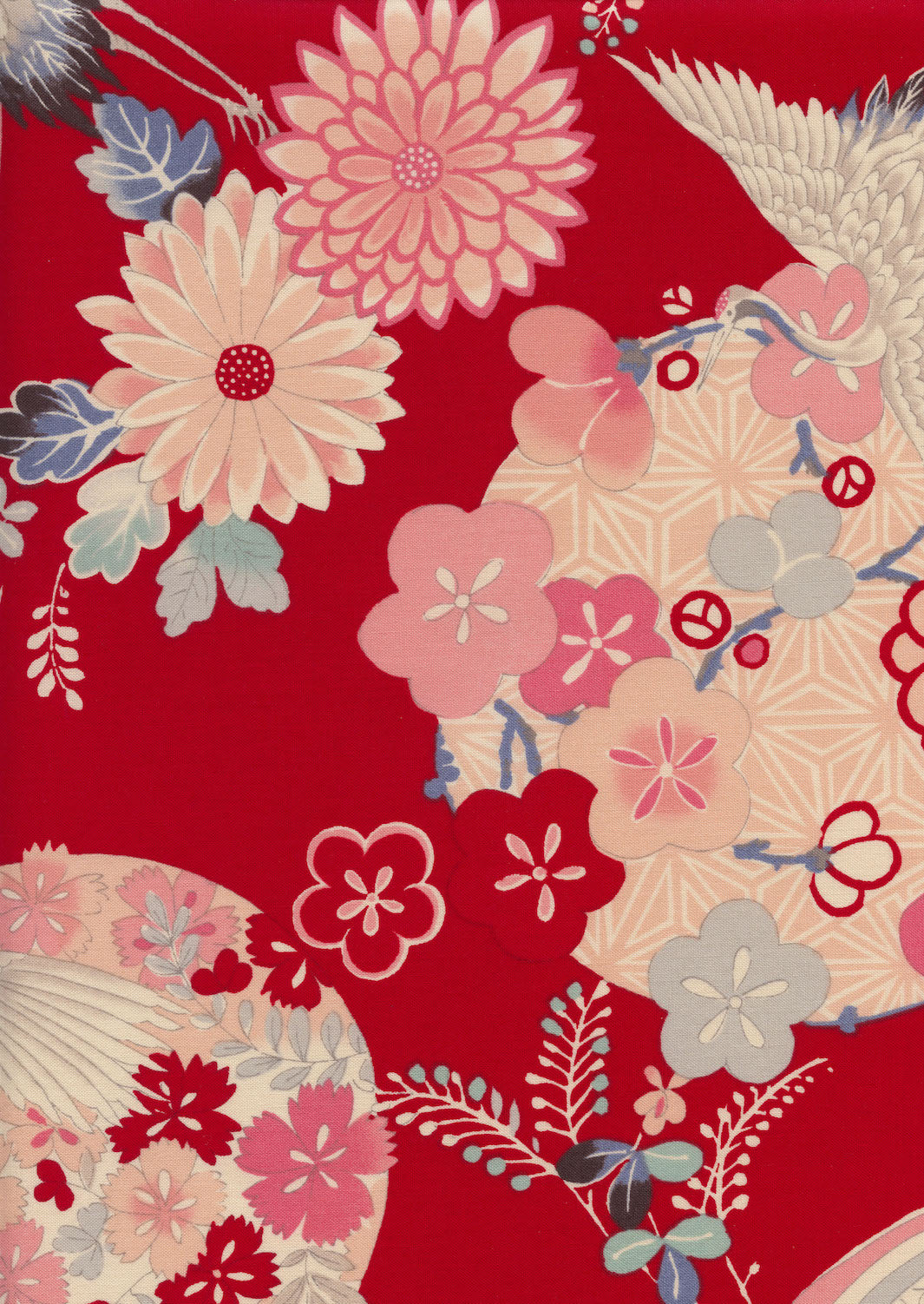 Japanese Fabric - Flowers, Circles and Cranes - Beige, Pink, Blue, Gray and Red - T490