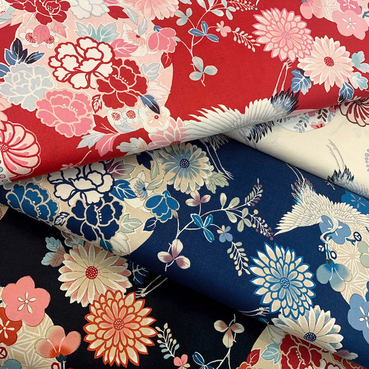 Japanese Fabric - Flowers, Circles and Cranes - Beige, Pink, Blue, Gray and Red - T490