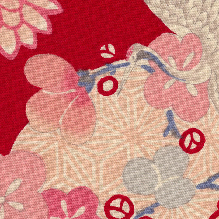 Japanese Fabric - Flowers, Circles and Cranes - Beige, Pink, Blue, Gray and Red - T490