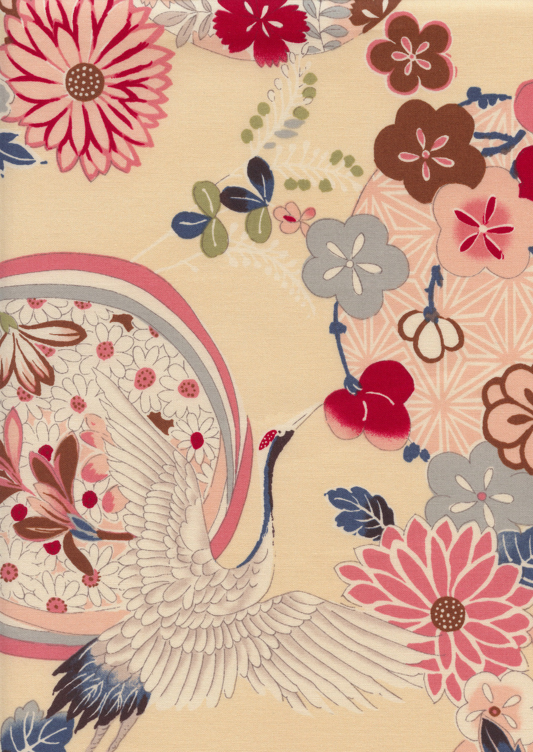 Japanese Fabric - Flowers, Circles and Cranes - Pink, Blue, Grey, Brown and Beige - T491