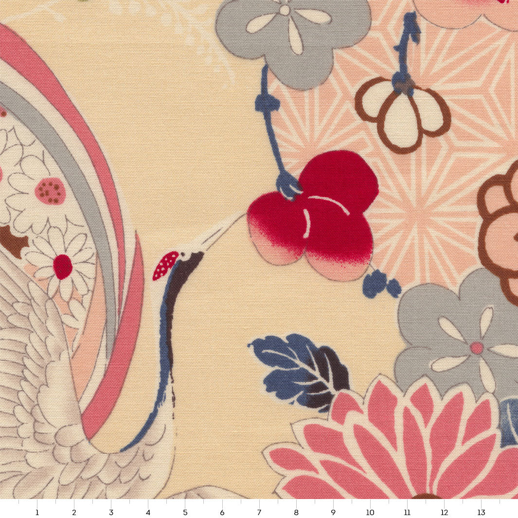 Japanese Fabric - Flowers, Circles and Cranes - Pink, Blue, Grey, Brown and Beige - T491