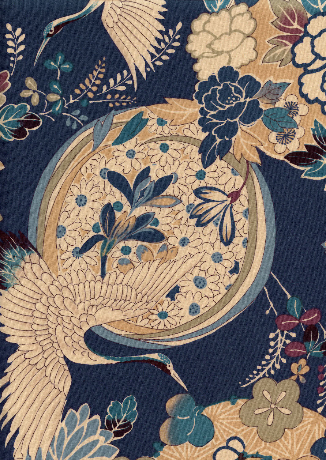 Japanese Fabric - Flowers, Circles and Cranes - Beige, Blue, Green and Gray - T492