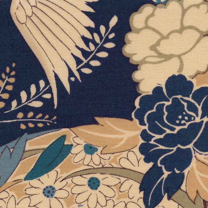 Japanese Fabric - Flowers, Circles and Cranes - Beige, Blue, Green and Gray - T492