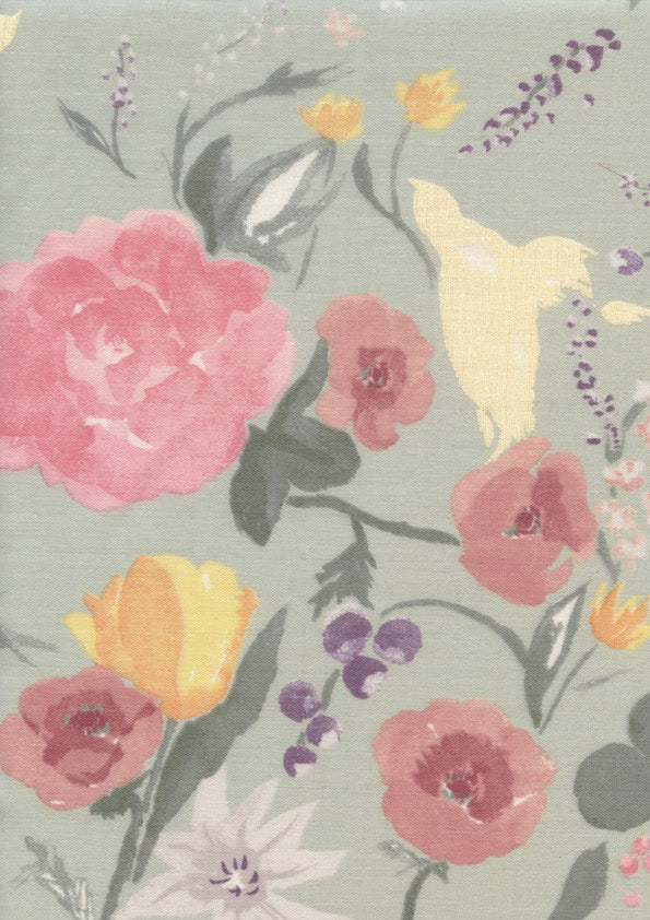 Japanese Fabric - Watercolor Flowers - Verdigris, Pinks, Yellow, Purple and Gray - T499