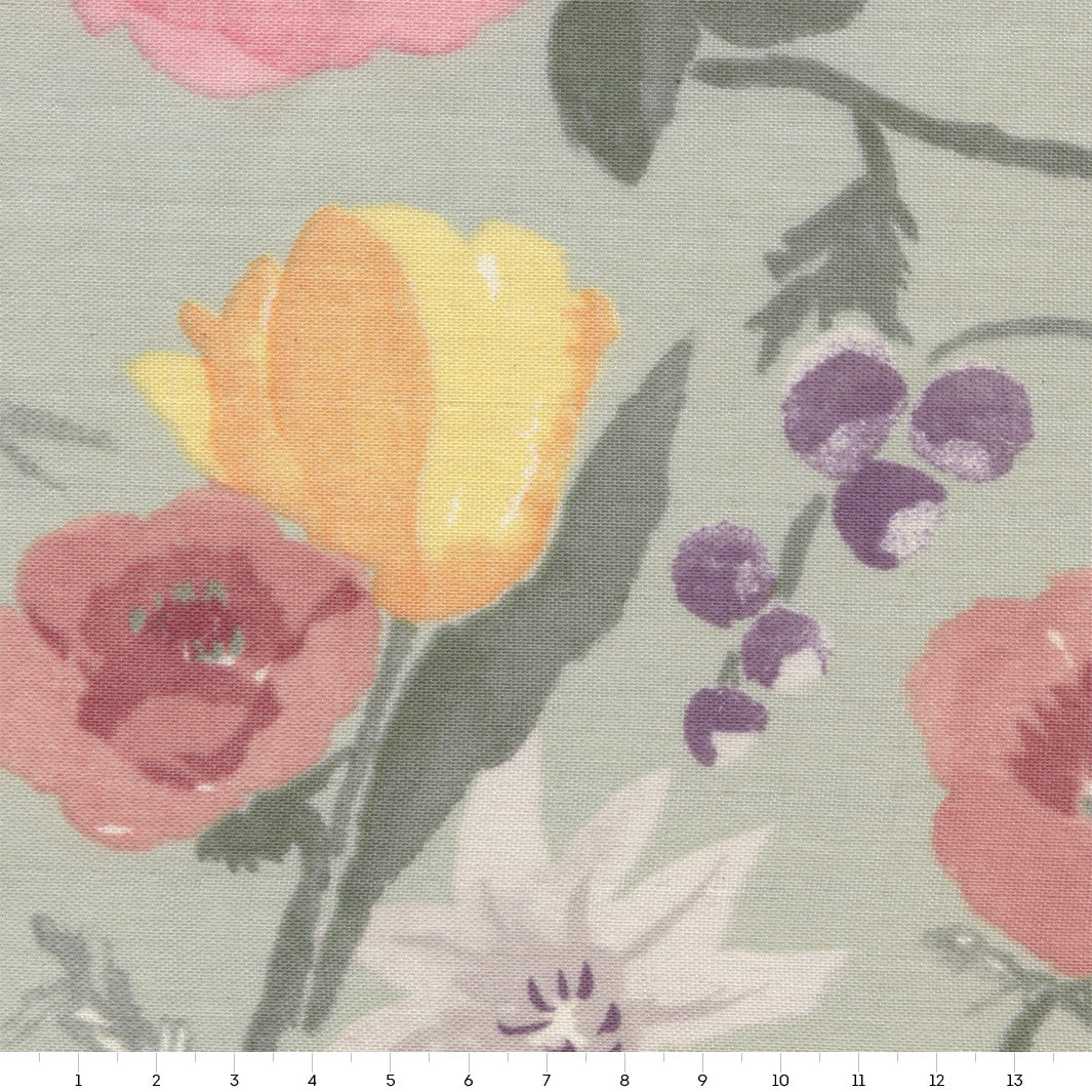 Japanese Fabric - Watercolor Flowers - Verdigris, Pinks, Yellow, Purple and Gray - T499