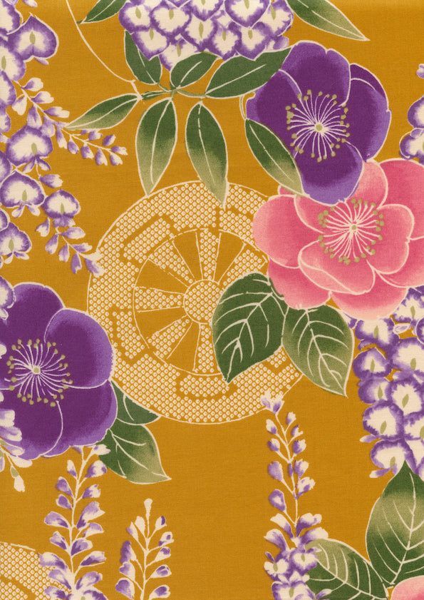 Tissu Japonais - Glycines, Camélias et Roues - Jaune Moutarde, Rose et Violet - T500