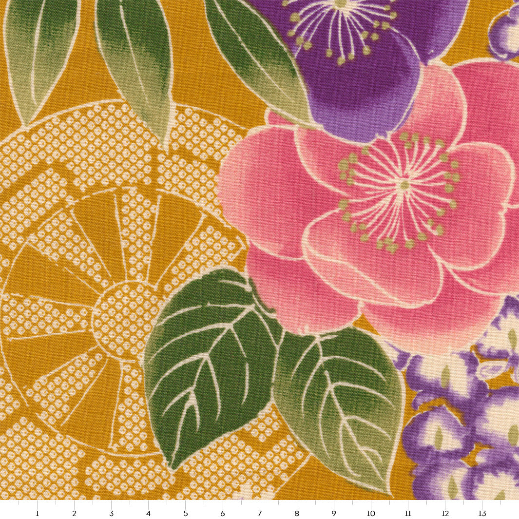 Tissu Japonais - Glycines, Camélias et Roues - Jaune Moutarde, Rose et Violet - T500