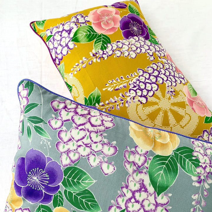 Japanese Fabric - Wisteria, Camellias and Wheels - Blue Gray, Yellow and Purple - T501