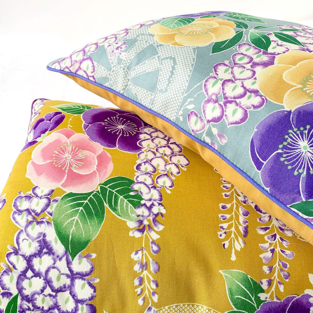 Japanese Fabric - Wisteria, Camellias and Wheels - Blue Gray, Yellow and Purple - T501