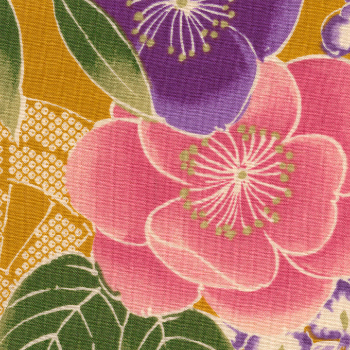 Tissu Japonais - Glycines, Camélias et Roues - Jaune Moutarde, Rose et Violet - T500