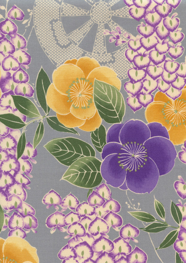 Japanese Fabric - Wisteria, Camellias and Wheels - Blue Gray, Yellow and Purple - T501