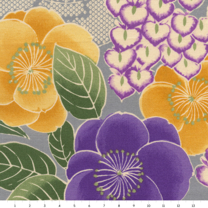 Japanese Fabric - Wisteria, Camellias and Wheels - Blue Gray, Yellow and Purple - T501