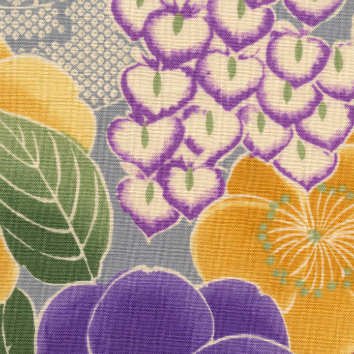 Japanese Fabric - Wisteria, Camellias and Wheels - Blue Gray, Yellow and Purple - T501