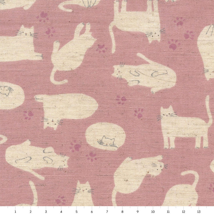 Tissu Japonais - Chats - Vieux Rose et Beige - T502