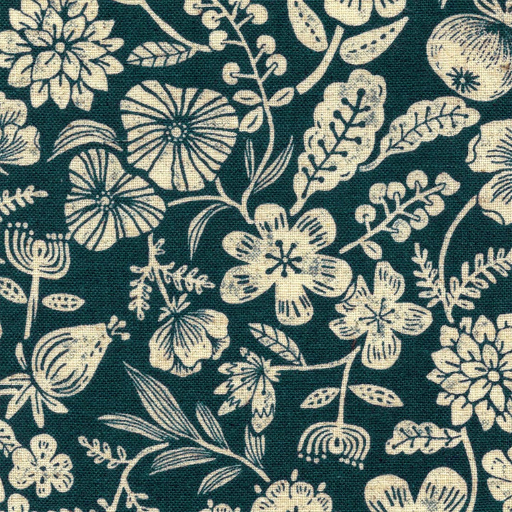 Japanese Fabric - Flowers and Fruits - Petrol Blue and Beige - T515