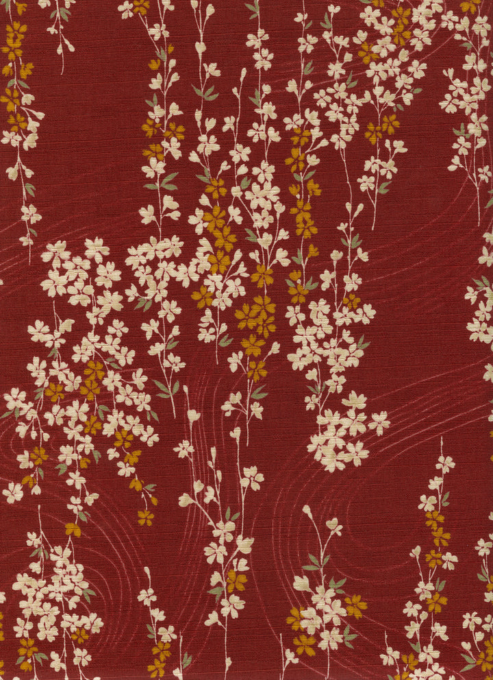 Japanese Fabric - Small Cherry Blossom - Brick Red, Beige, Yellow and Green - T518