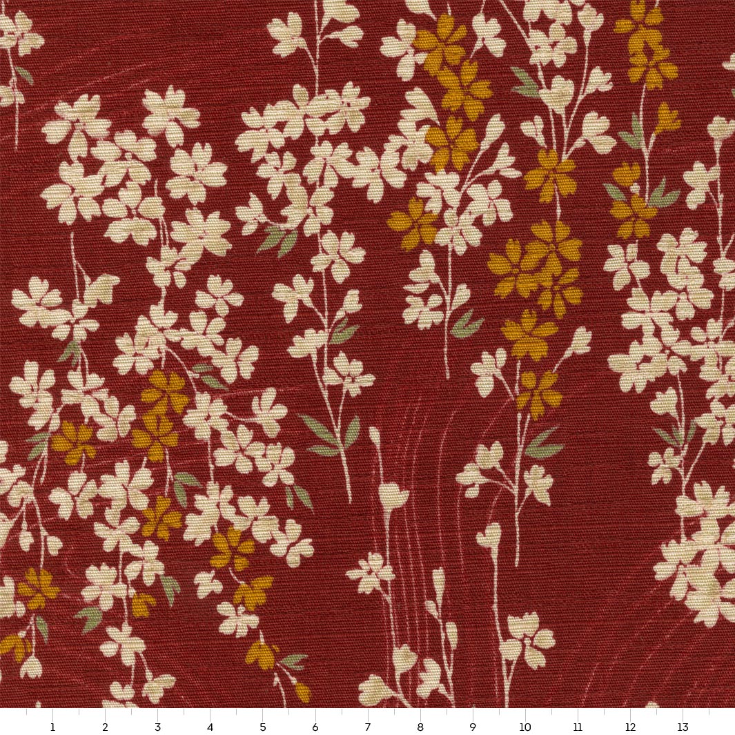 Japanese Fabric - Small Cherry Blossom - Brick Red, Beige, Yellow and Green - T518