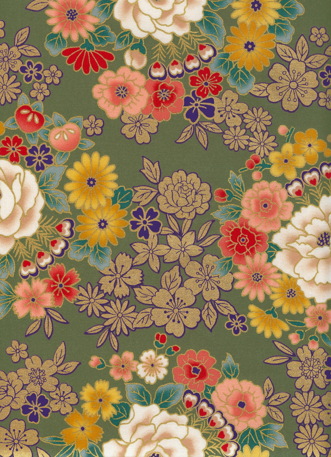 Japanese Fabric - Flowers and Gold - Green, Gold, Red and Yellow - T521