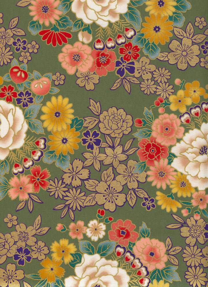 Tissu Japonais - Fleurs et Dorures - Vert, Or, Rouge et Jaune - T521