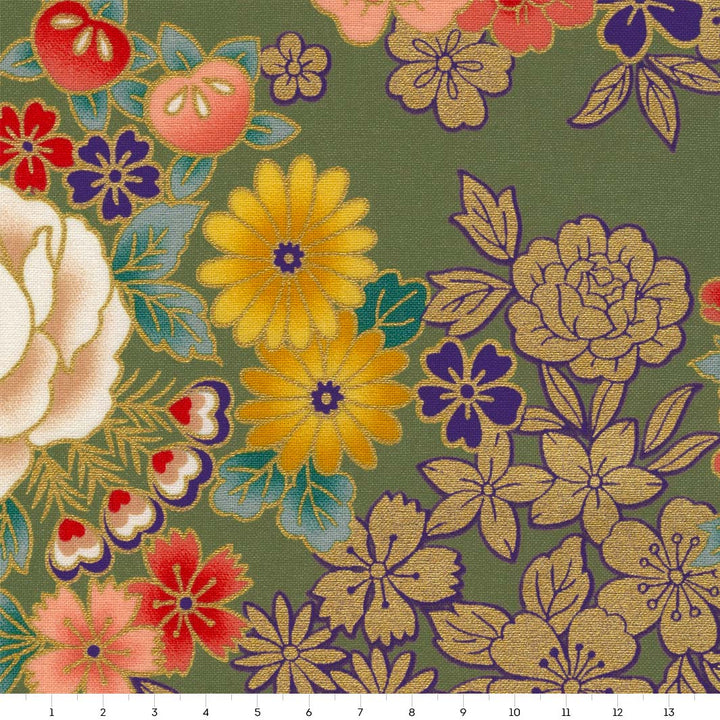 Tissu Japonais - Fleurs et Dorures - Vert, Or, Rouge et Jaune - T521