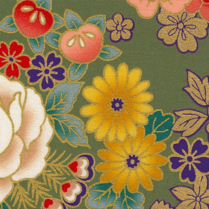 Tissu Japonais - Fleurs et Dorures - Vert, Or, Rouge et Jaune - T521