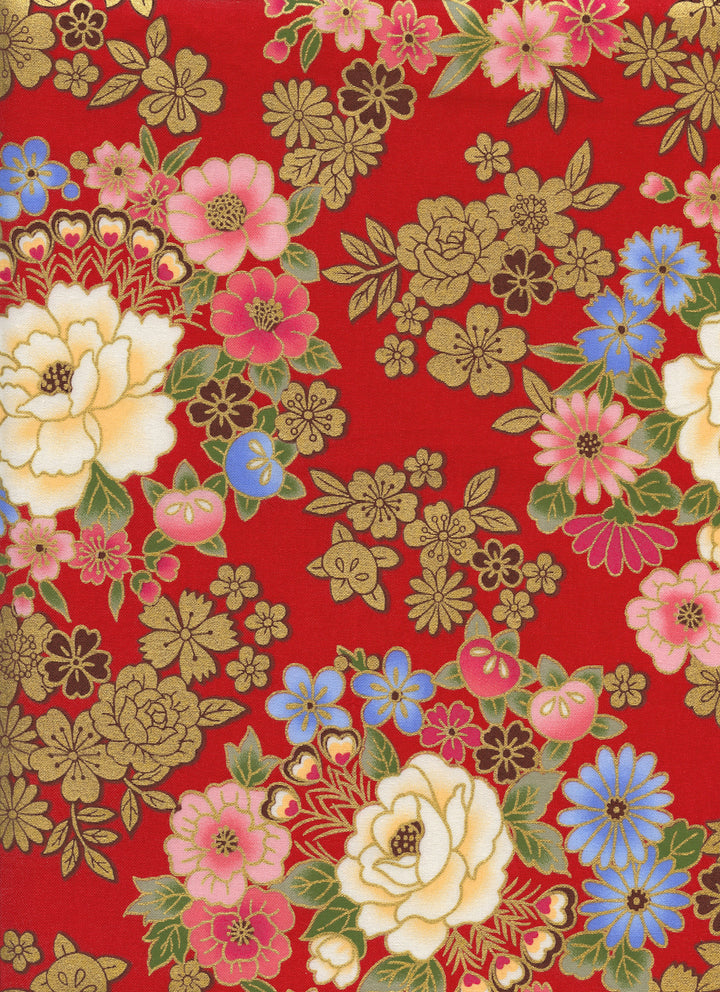 Tissu Japonais - Fleurs et Dorures - Rouge, Or, Rose et Bleu - T522