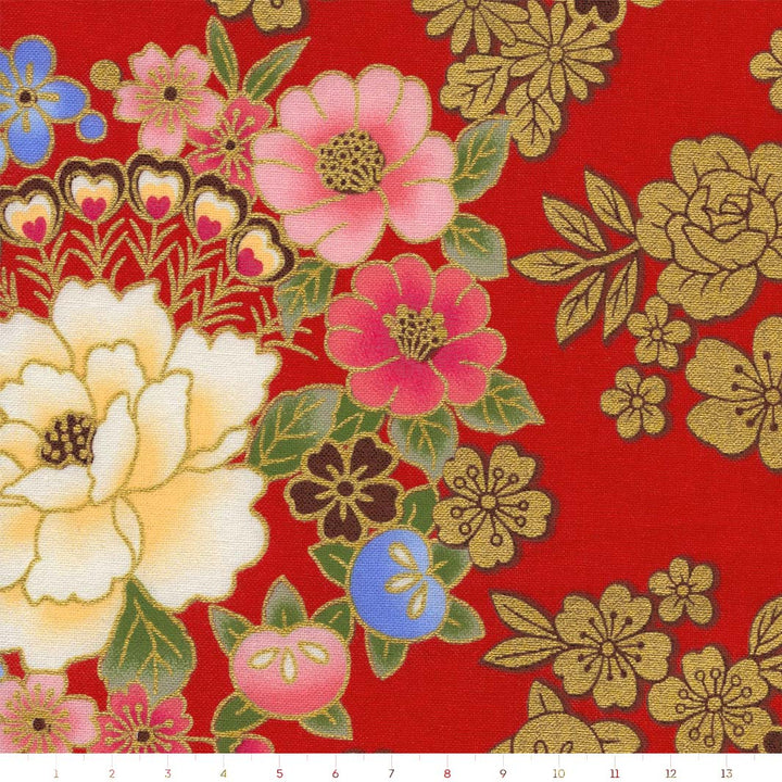 Tissu Japonais - Fleurs et Dorures - Rouge, Or, Rose et Bleu - T522