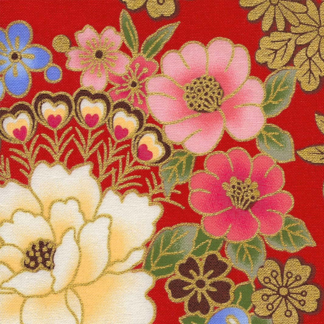 Tissu Japonais - Fleurs et Dorures - Rouge, Or, Rose et Bleu - T522