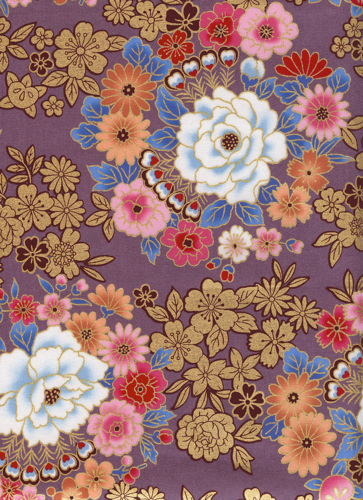 Tissu Japonais - Fleurs et Dorures - Mauve, Or, Rose, Orange et Bleu - T523