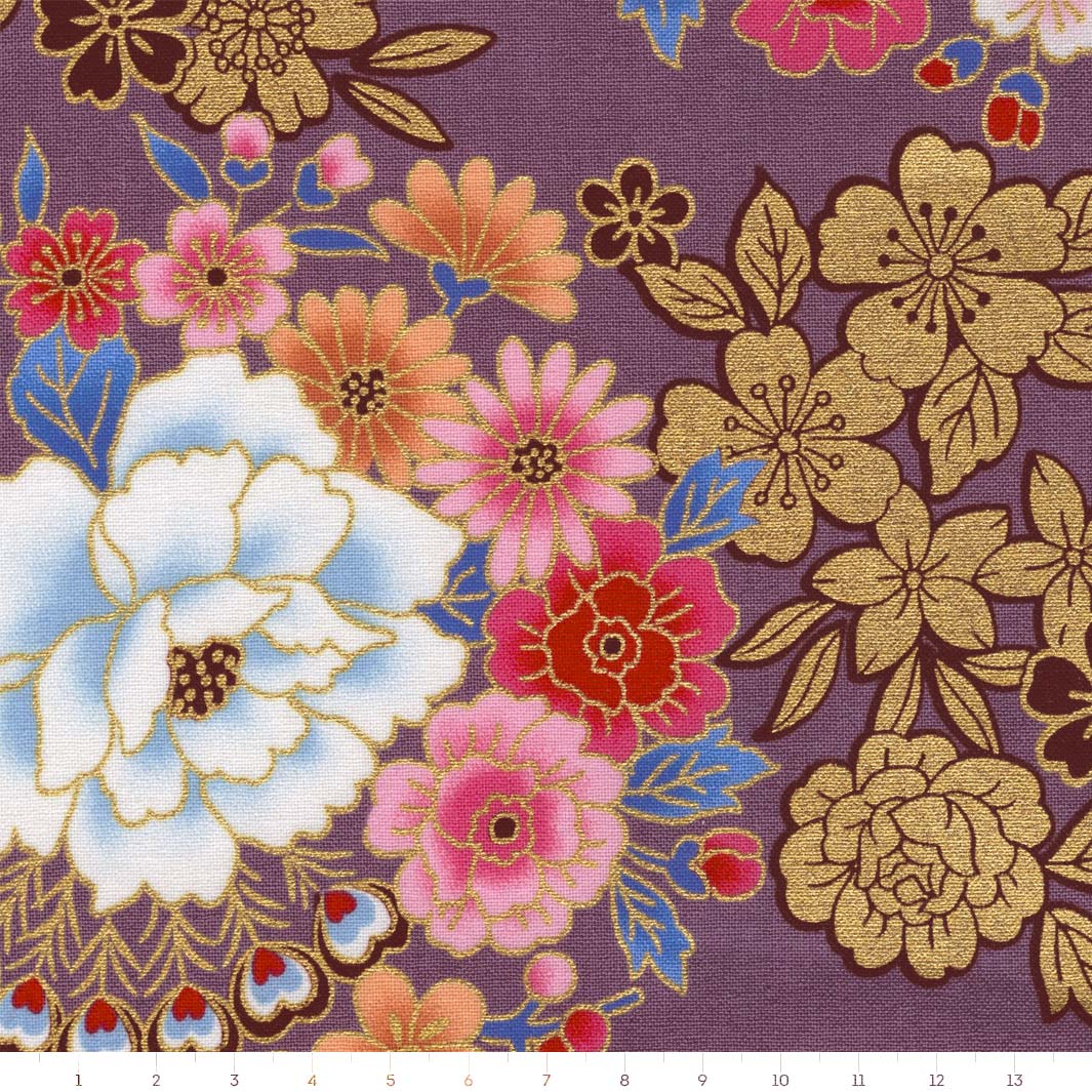 Tissu Japonais - Fleurs et Dorures - Mauve, Or, Rose, Orange et Bleu - T523