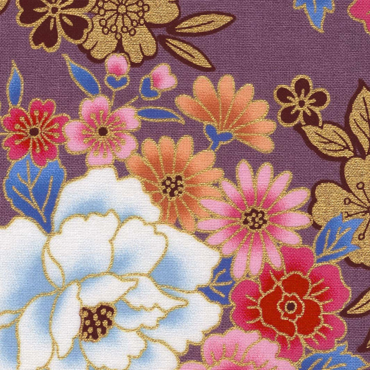 Tissu Japonais - Fleurs et Dorures - Mauve, Or, Rose, Orange et Bleu - T523