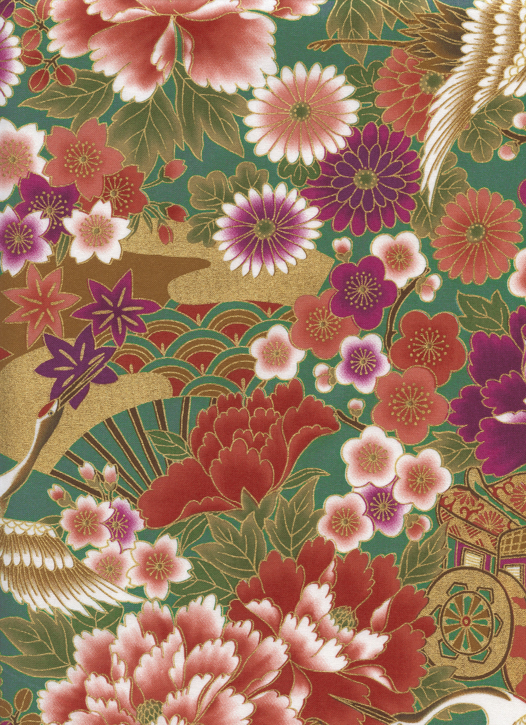 Japanese Fabric - Flowers, Cranes, Fans, Balls and Carts - Green, Red, Purple and Gold - T524