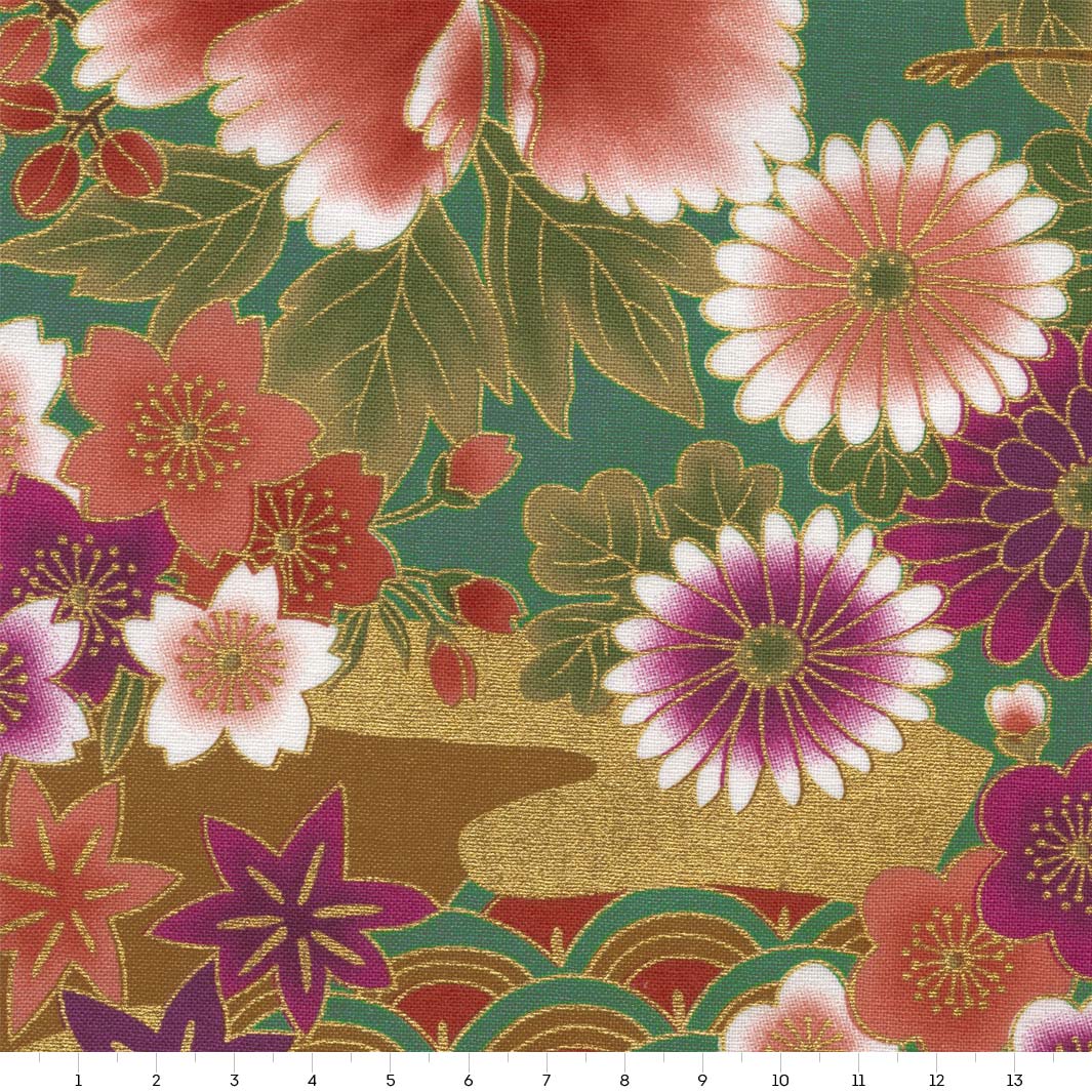 Japanese Fabric - Flowers, Cranes, Fans, Balls and Carts - Green, Red, Purple and Gold - T524