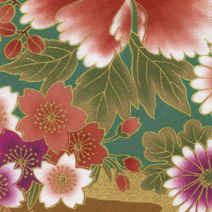 Japanese Fabric - Flowers, Cranes, Fans, Balls and Carts - Green, Red, Purple and Gold - T524