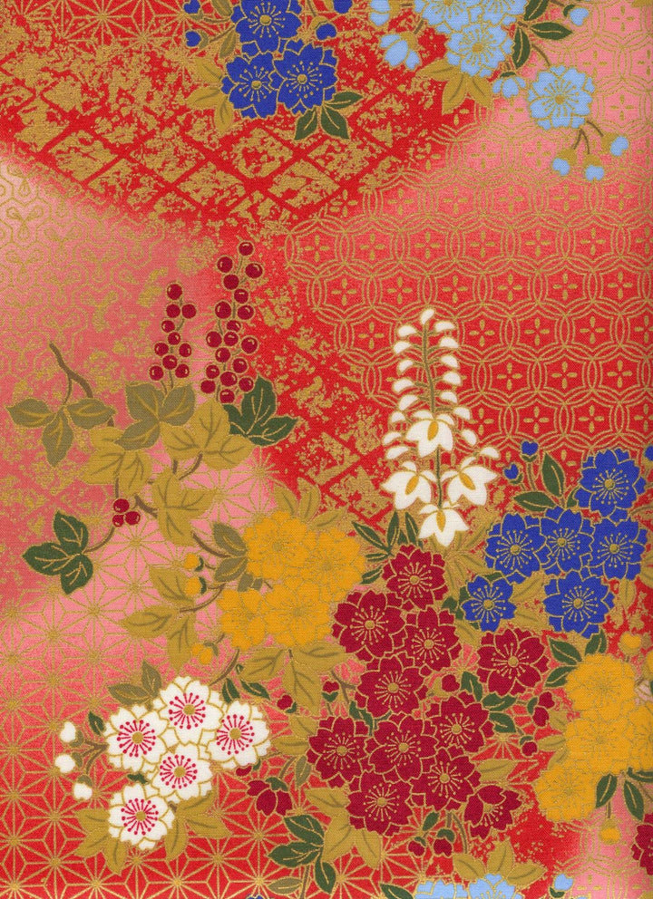 Japanese Fabric - Cherry Blossoms, Wisteria and Ivies - Red, Yellow and Green - T526