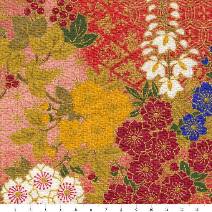 Japanese Fabric - Cherry Blossoms, Wisteria and Ivies - Red, Yellow and Green - T526