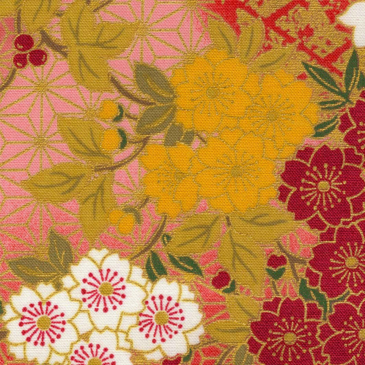 Japanese Fabric - Cherry Blossoms, Wisteria and Ivies - Red, Yellow and Green - T526