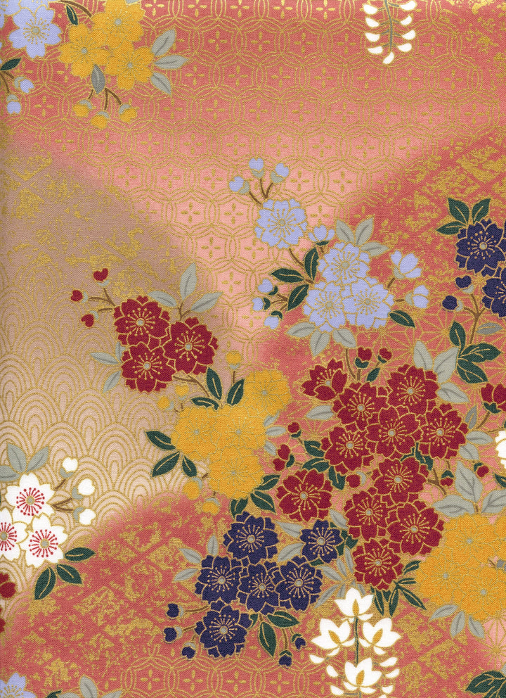 Japanese Fabric - Cherry Blossoms, Wisteria and Ivies - Pink, Taupe, Red and Blue - T527