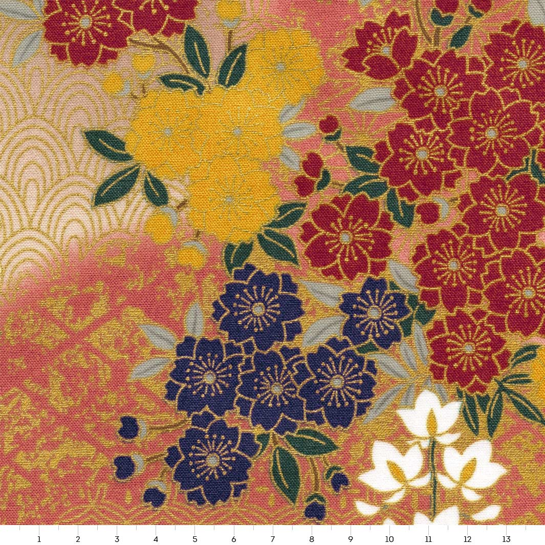 Japanese Fabric - Cherry Blossoms, Wisteria and Ivies - Pink, Taupe, Red and Blue - T527