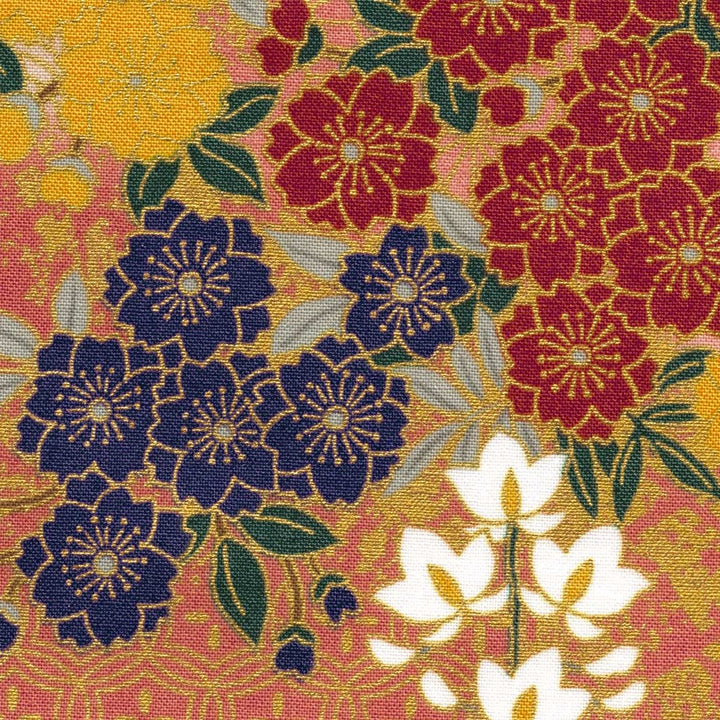 Japanese Fabric - Cherry Blossoms, Wisteria and Ivies - Pink, Taupe, Red and Blue - T527