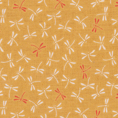 Tissu japonais Libelulle blanc rouge fond moutarde - T138