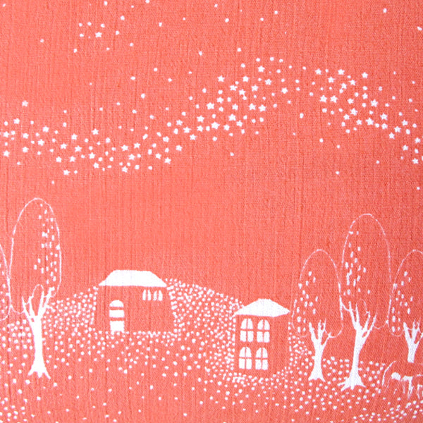 Tissu japonais Maison paysage fond corail - T023