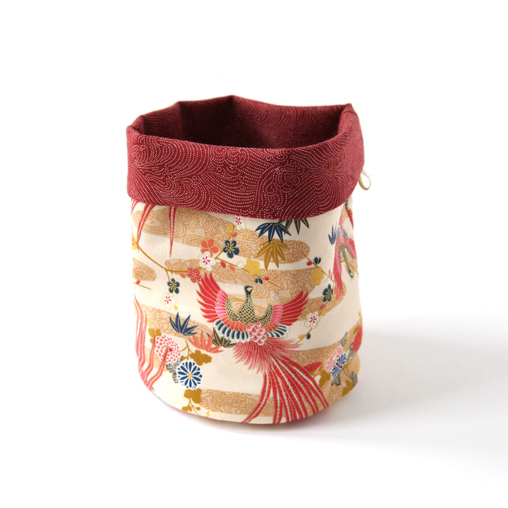 Japanese Fabric Basket - Phoenix and Dotted Waves - Beige, Ocher and Bordeaux Red