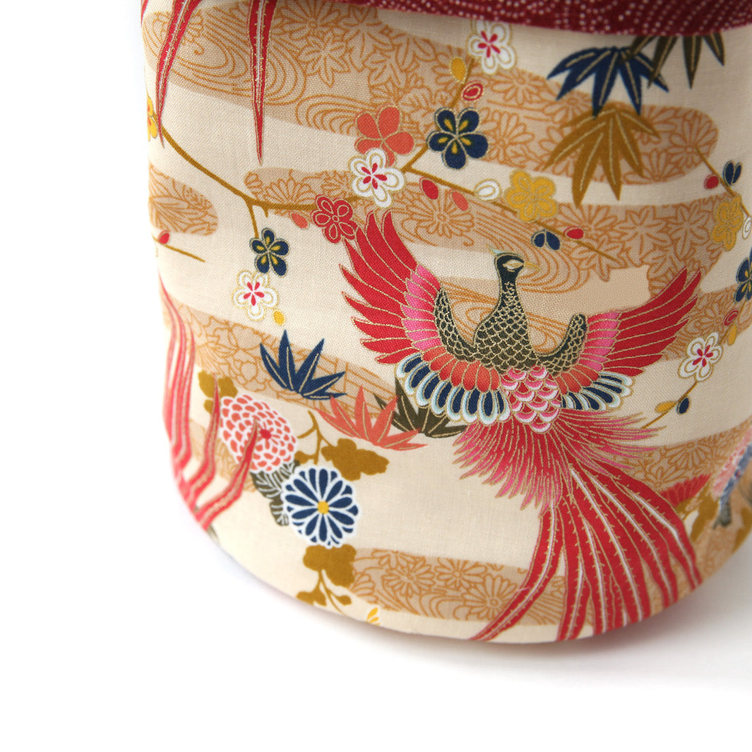 Japanese Fabric Basket - Phoenix and Dotted Waves - Beige, Ocher and Bordeaux Red