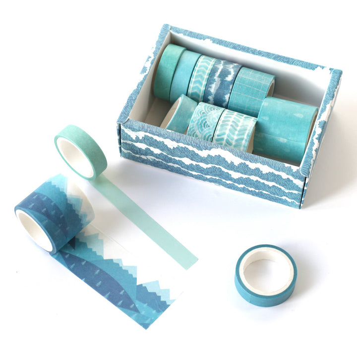 Coffret de 12 masking tapes aux motifs et tailles variés - Bleu